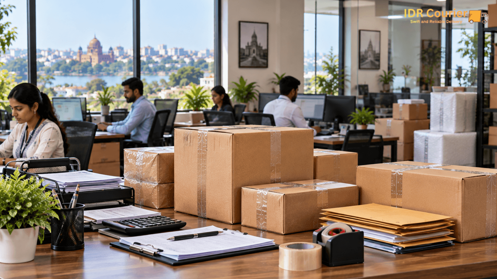 Business documents and files prepared for courier dispatch from a Bhopal office
