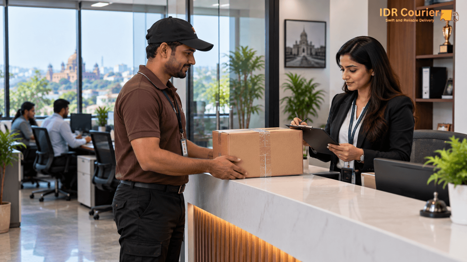 Courier executive collecting a business parcel from an office in Bhopal