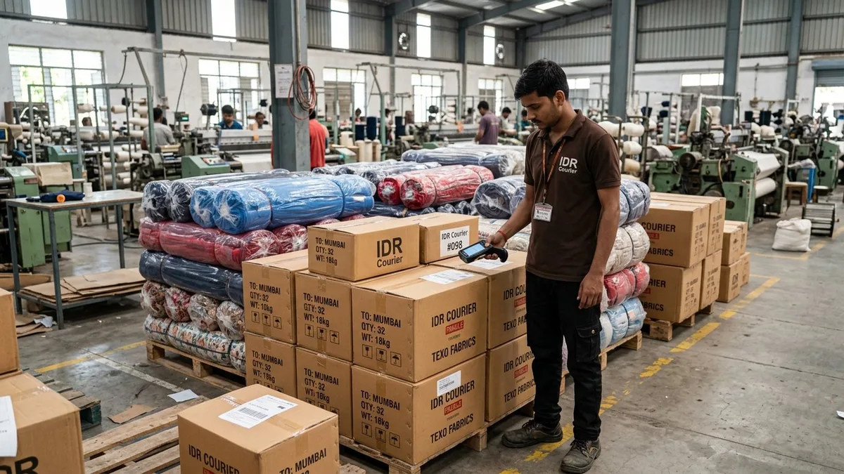 Labelled textile cartons and fabric rolls ready for dispatch at a Burhanpur unit
