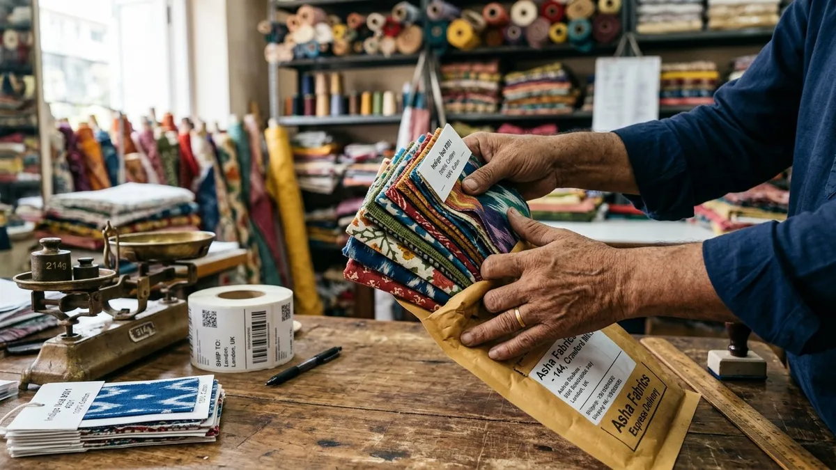 Trader packing fabric swatch samples into a padded courier envelope in Burhanpur