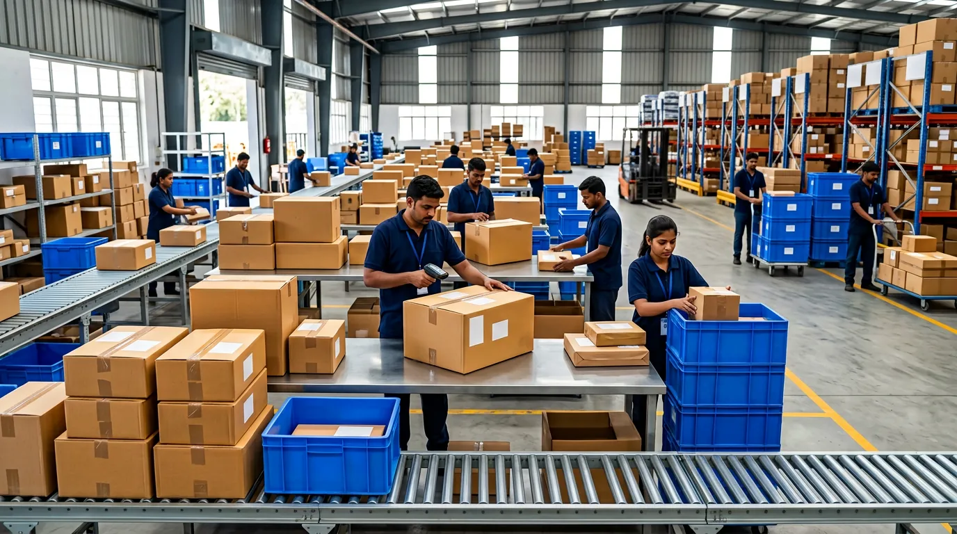 Staff sorting business cartons through a parcel dispatch warehouse