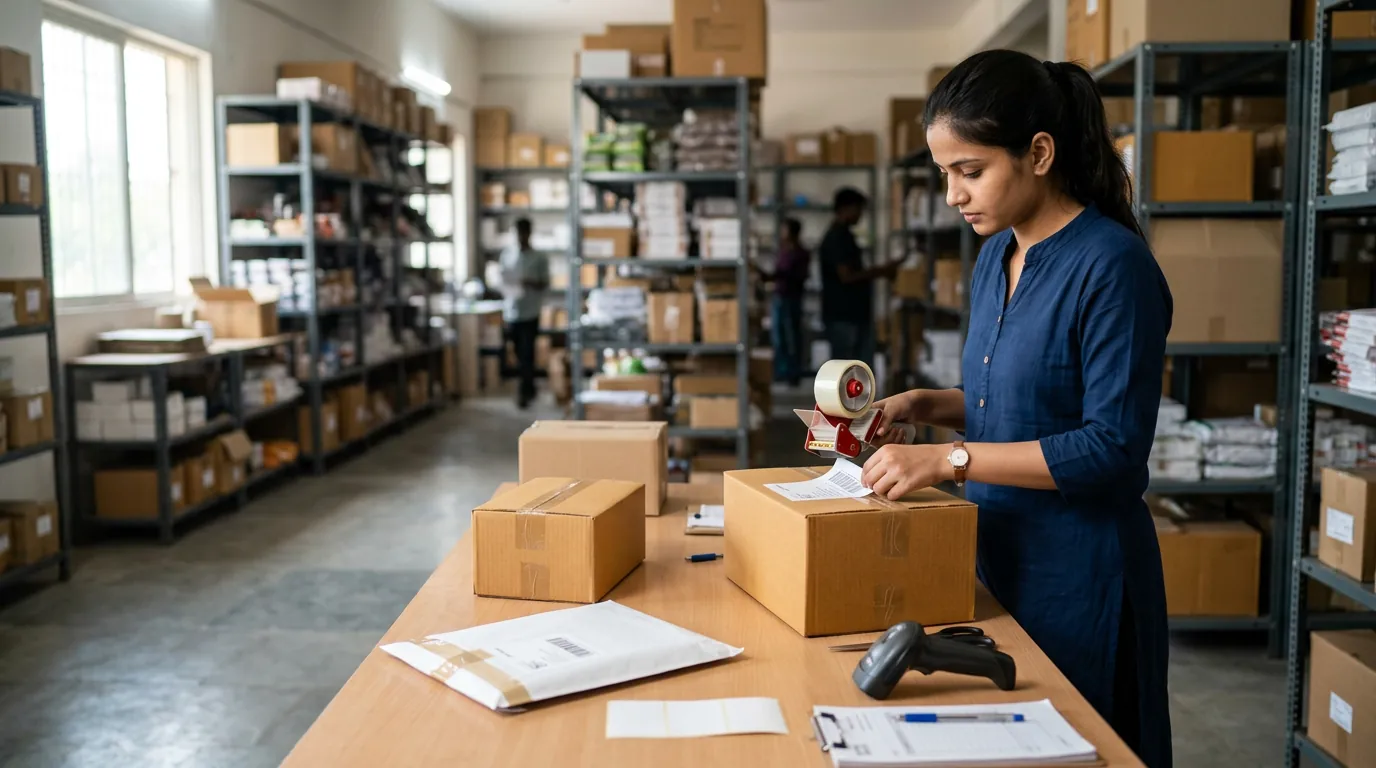 A business sender taping and preparing cartons for parcel dispatch in a stockroom