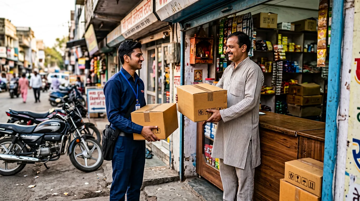 A courier handover of a packed carton at a small business storefront