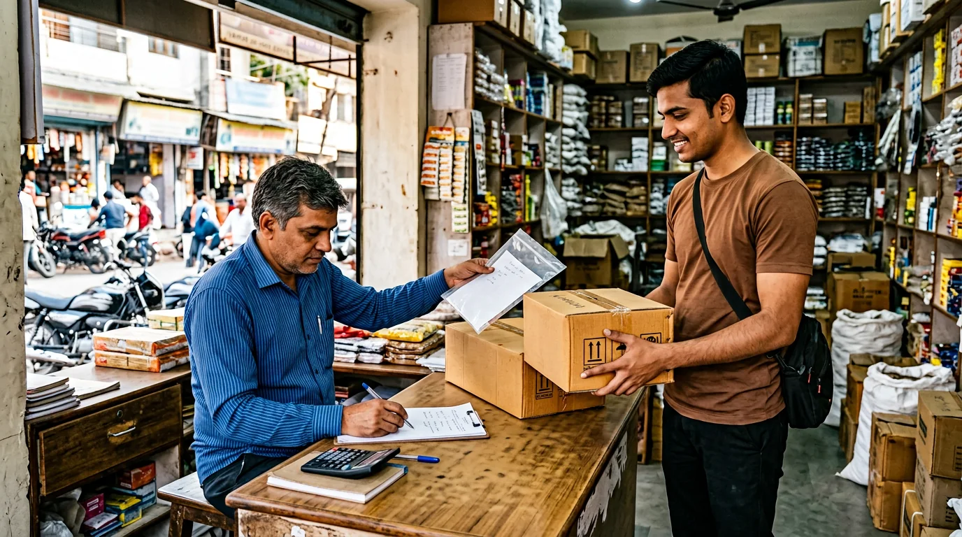 Courier worker collecting a sealed business parcel from a Khandwa retailer