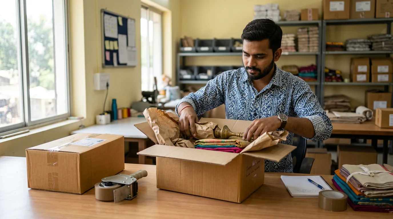 Small business employee cushioning and packing permitted goods in a corrugated carton
