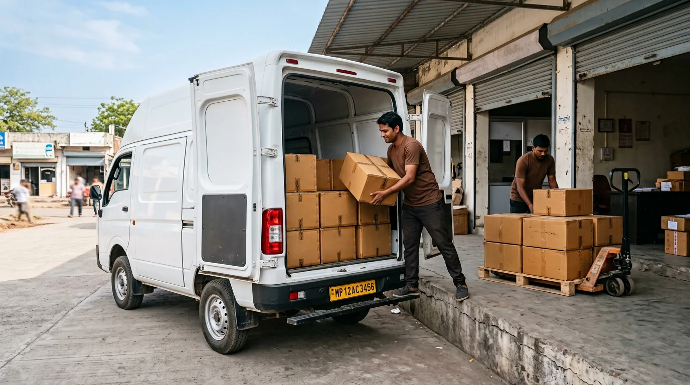 Sealed commercial cartons being loaded for intercity delivery from Khandwa