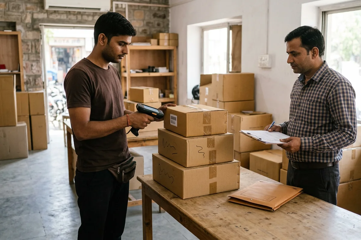Multiple business cartons ready for intercity courier dispatch in Kota