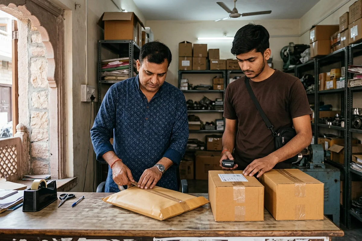 Kota business owner preparing documents and parcels for courier