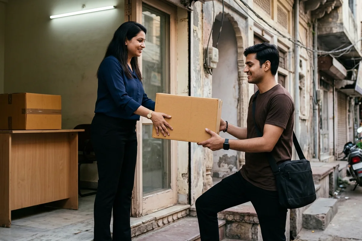 Courier executive collecting a ready business carton from a Kota office