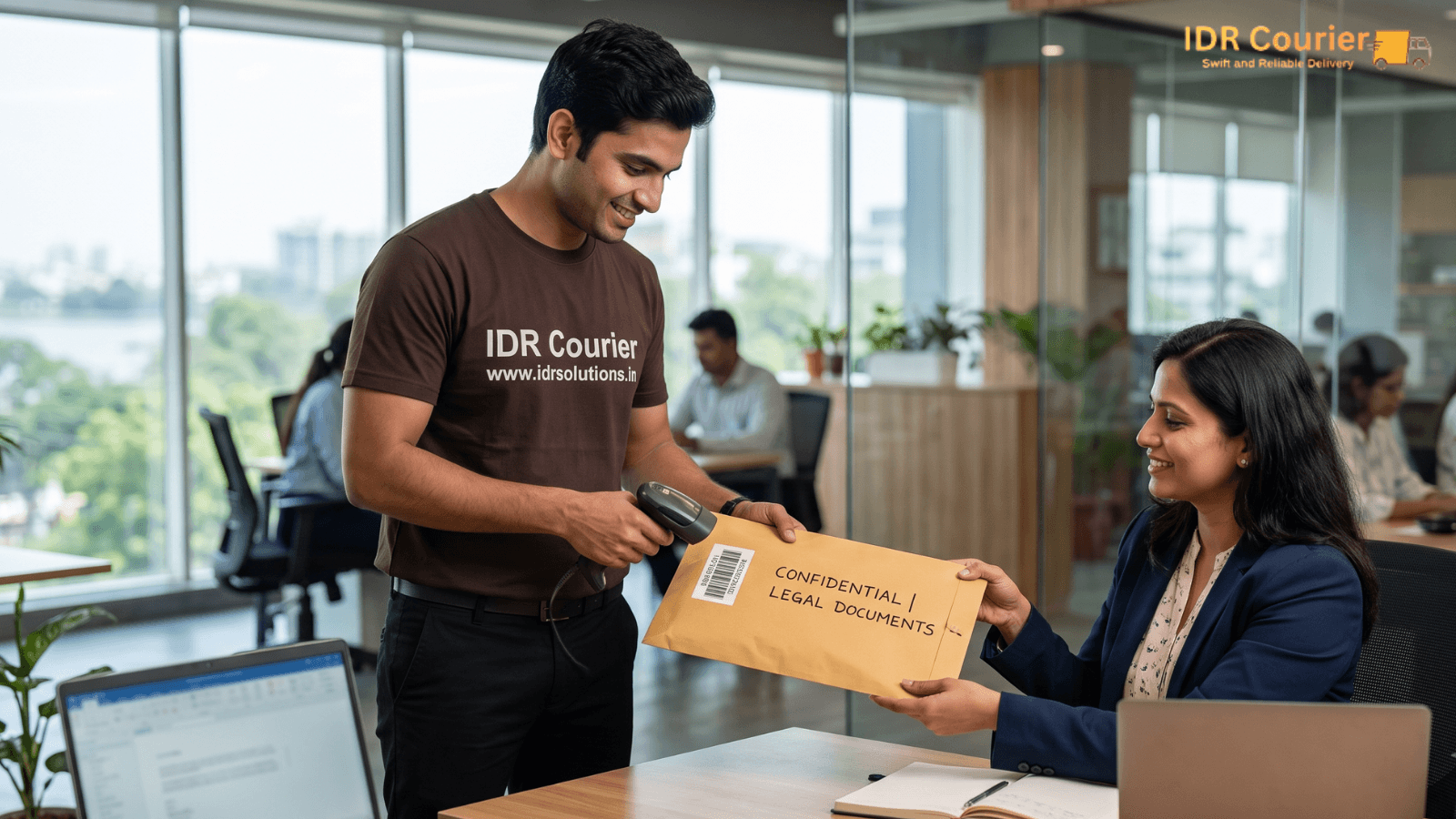 Employee handing over documents and a business parcel to a courier executive in a Mumbai office