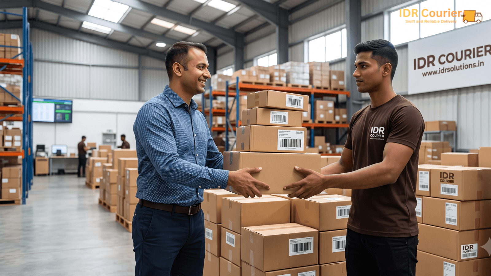 Commercial parcels and business documents organized for courier dispatch in a Mumbai office