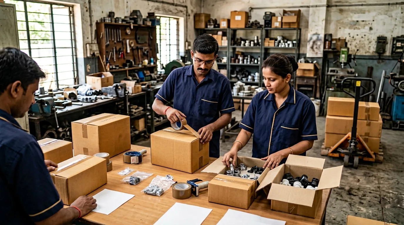 Business staff preparing packed parcels and small components in a generic workshop