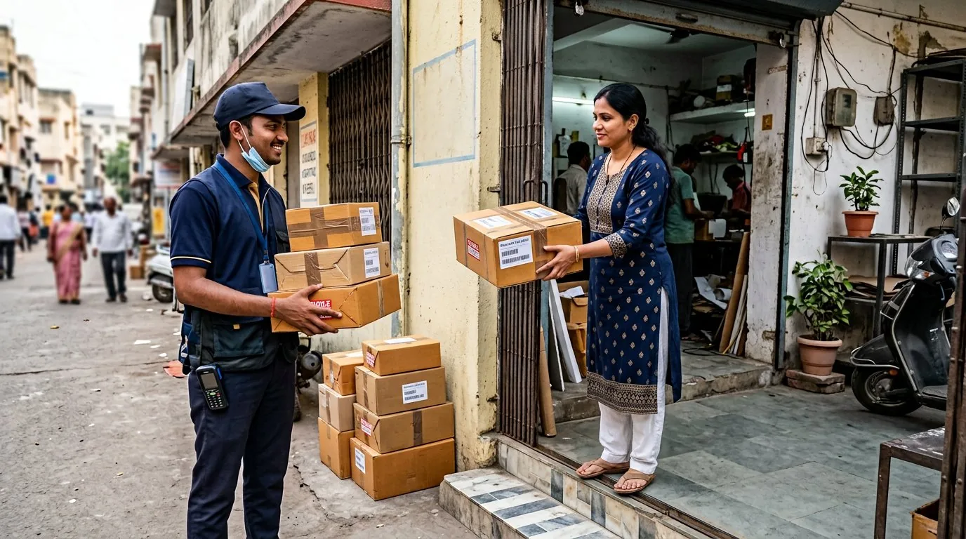 Courier professional collecting packed business parcels at an office entrance