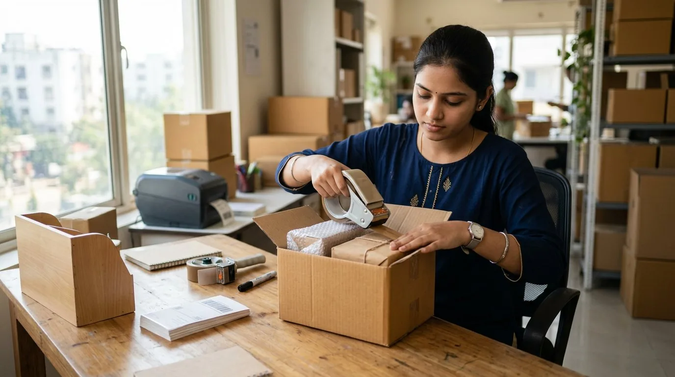 Office employee packing a sample, document envelope and business parcel