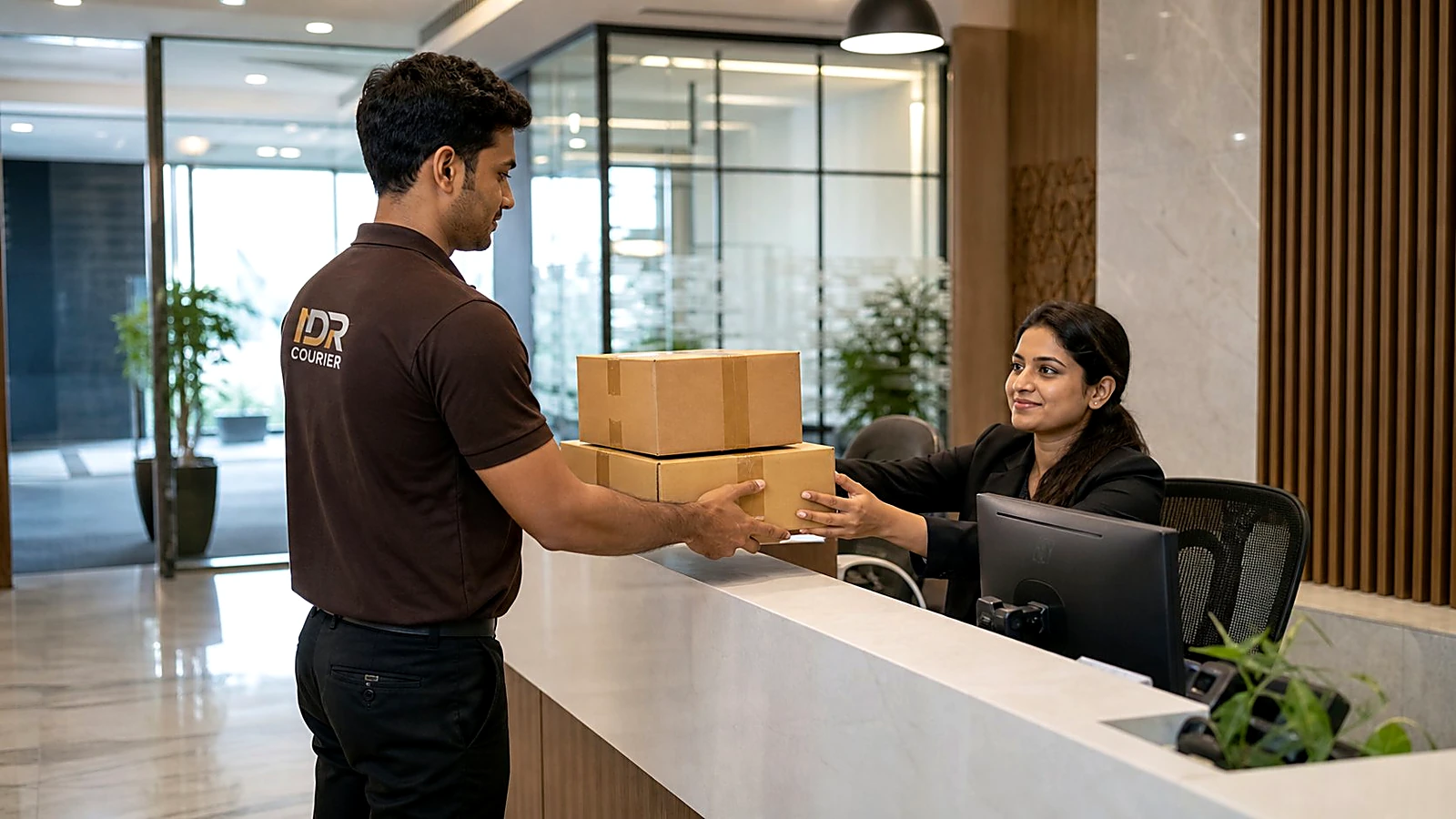 IDR Courier staff delivering B2B parcels at a business address in Pune