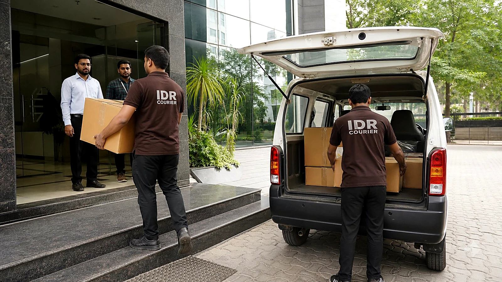 IDR Courier staff receiving B2B parcels at an office in Pune
