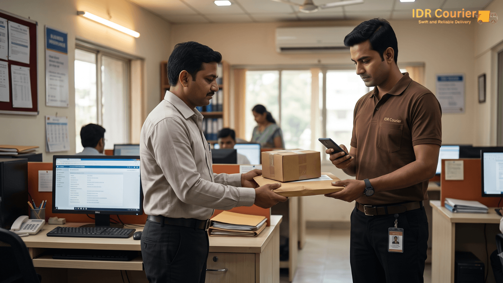 Courier staff completing final-mile delivery of a business shipment