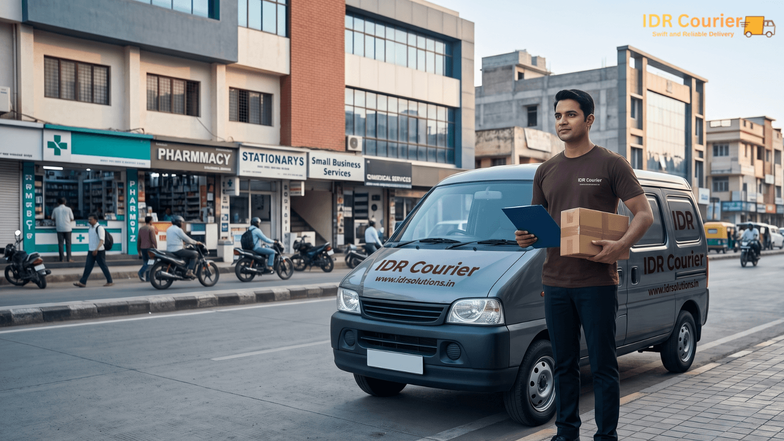 Courier executive collecting a sealed business shipment from an office in Ratlam
