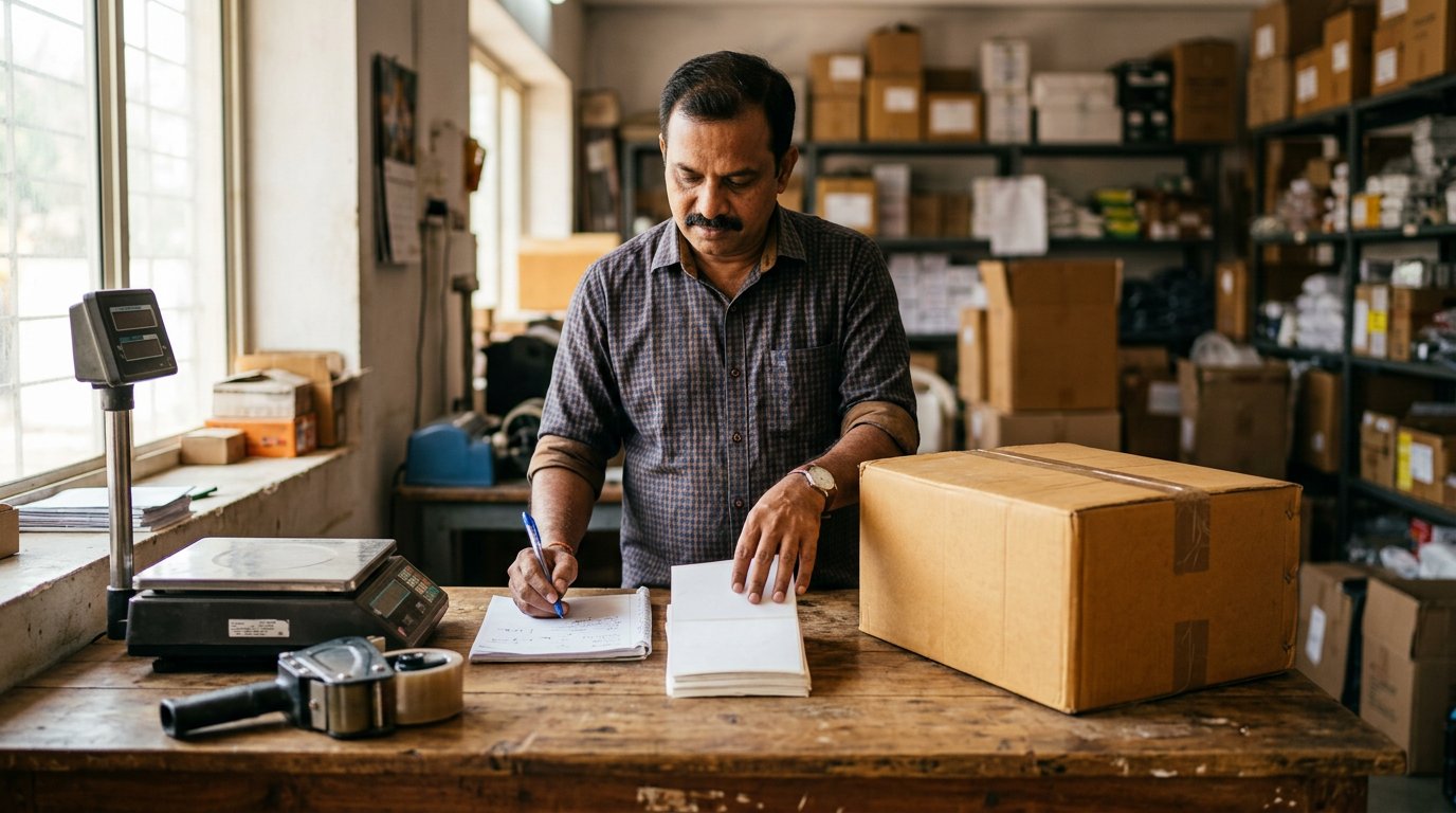 Indian business owner checking shipment details and blank parcel labels at a desk with a weighing scale before dispatch