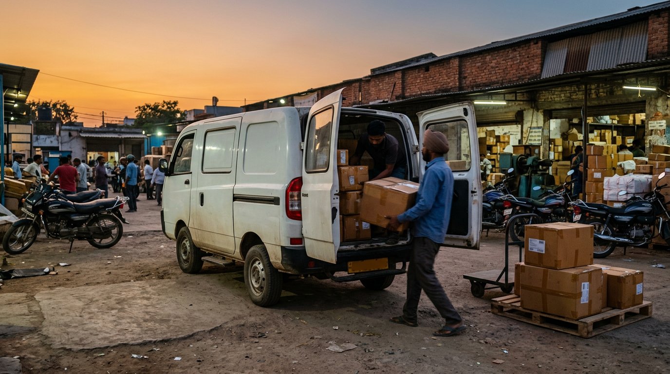Sealed business cartons moving towards a plain cargo van at a courier loading point in Rewa for intercity dispatch