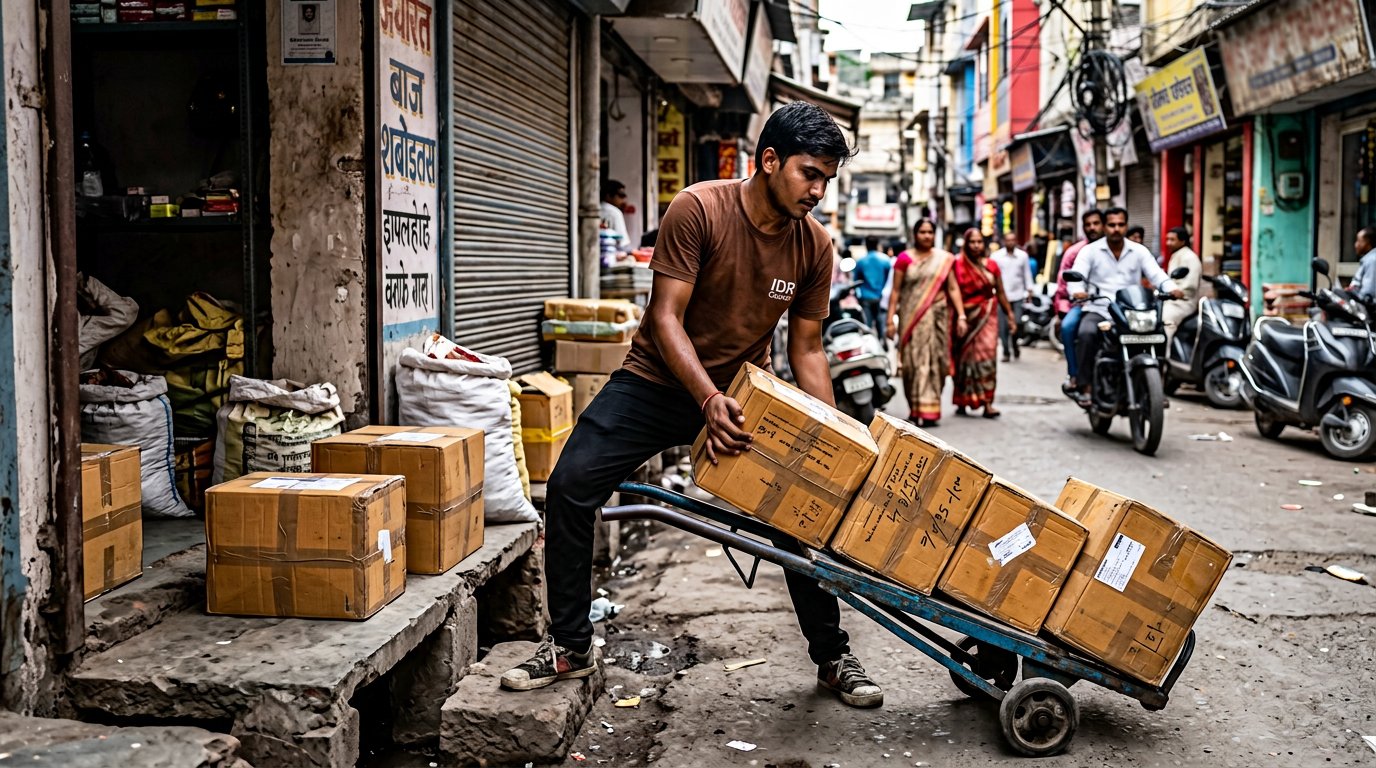 IDR Courier executive collecting several sealed commercial parcels from a Rewa business on a hand trolley