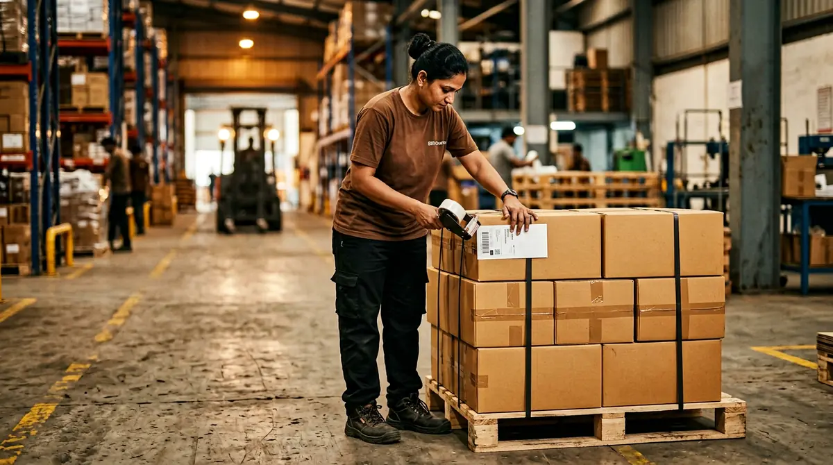 IDR Courier worker applying a blank shipping label to strapped bulk cartons on a pallet in Satna