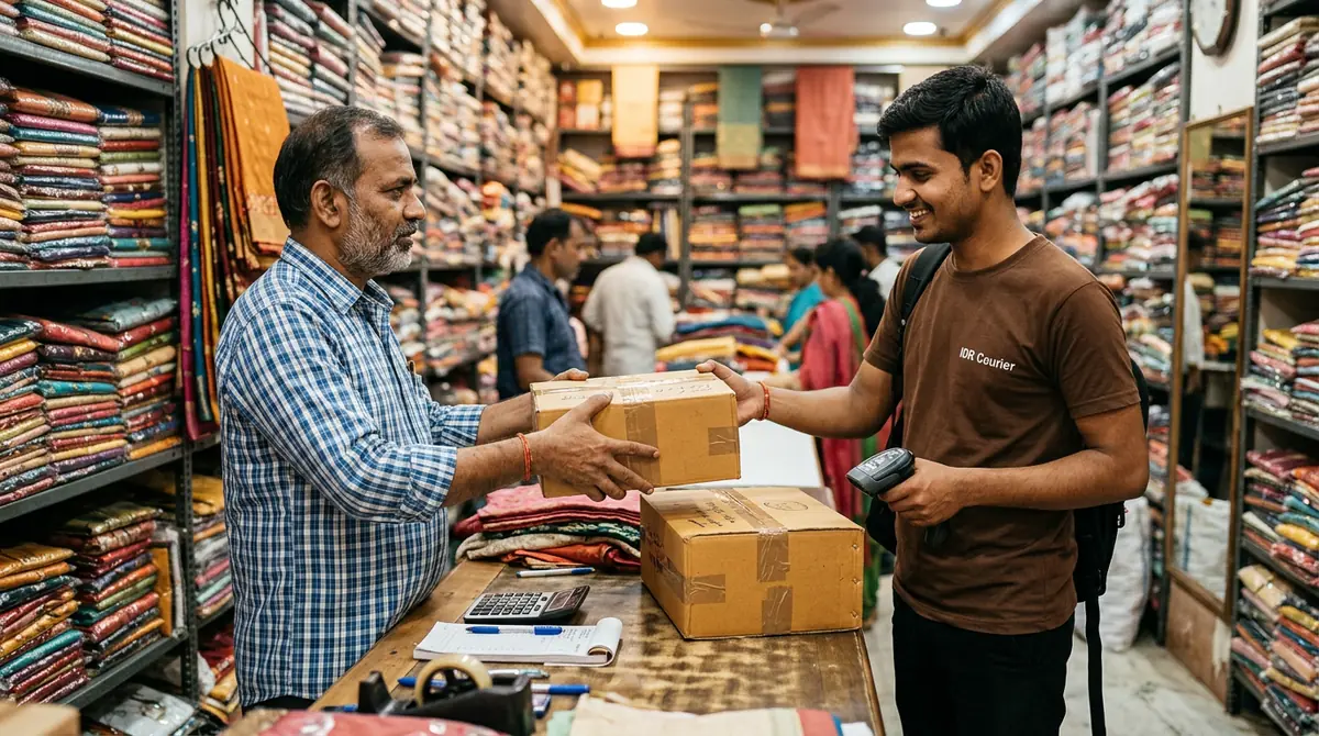 IDR Courier executive collecting sealed business parcels from a wholesale counter in Satna