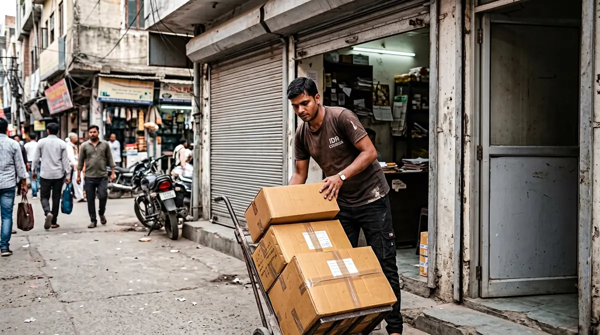 IDR Courier executive loading sealed commercial cartons onto a hand trolley outside a Satna business premises