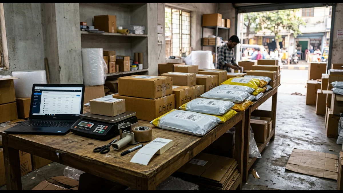 Sealed e-commerce parcels with shipping labels stacked at a packing table in Gwalior