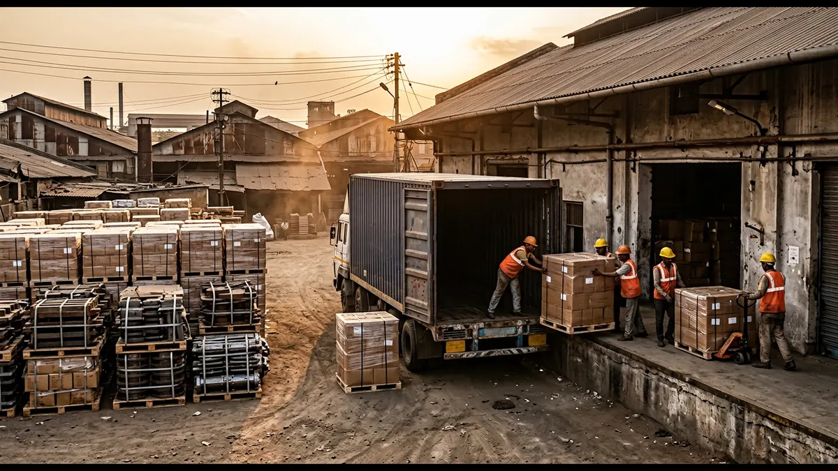 Pallets and cartons being loaded at an industrial godown in Gwalior