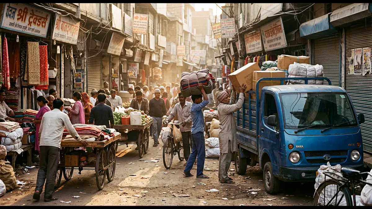 Goods being loaded into a commercial vehicle at a trading market in Gwalior
