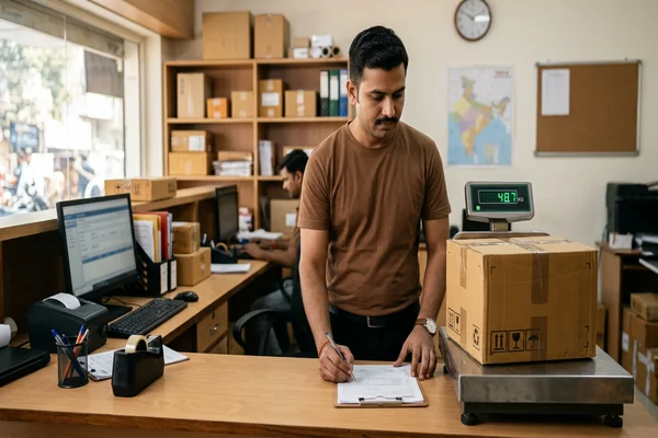 Courier booking counter verifying weight of commercial trade shipment in Jabalpur