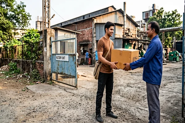 Courier executive collecting commercial cargo carton from industrial unit in Jabalpur