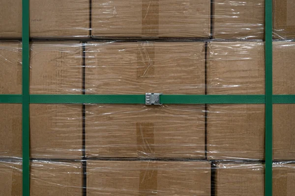 Strapped pallet of commercial cargo boxes in Jabalpur logistics dispatch staging facility