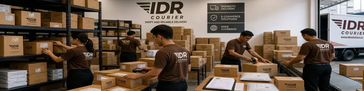 Various B2B business parcels handled by IDR Courier staff in black pant brown t-shirt - product boxes, documents, samples