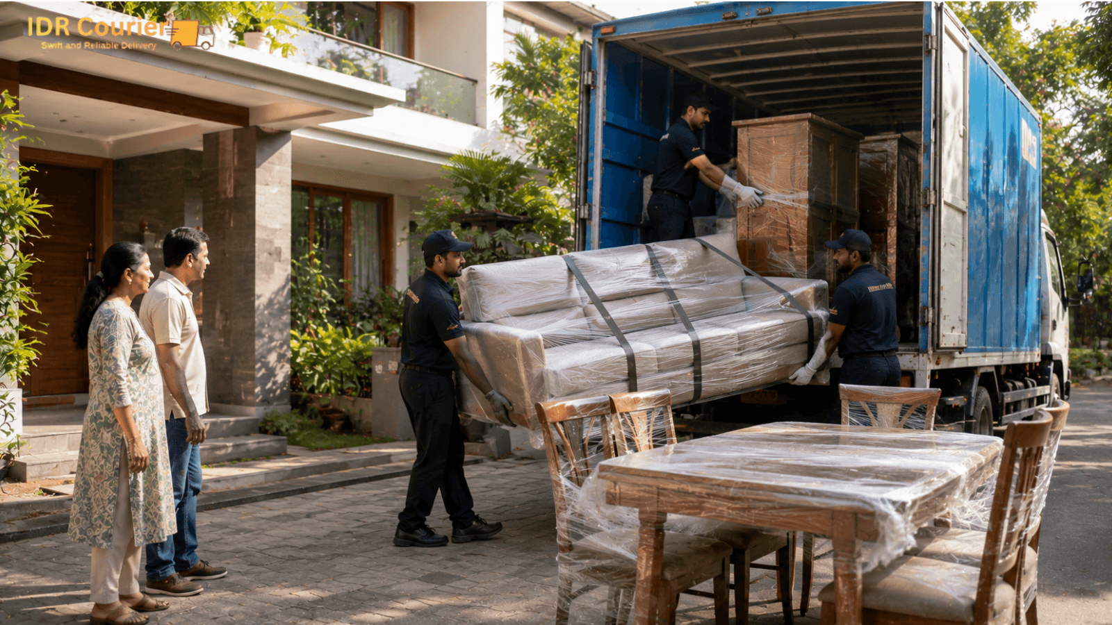 Courier executive collecting a sealed parcel at a Bagdogra doorstep