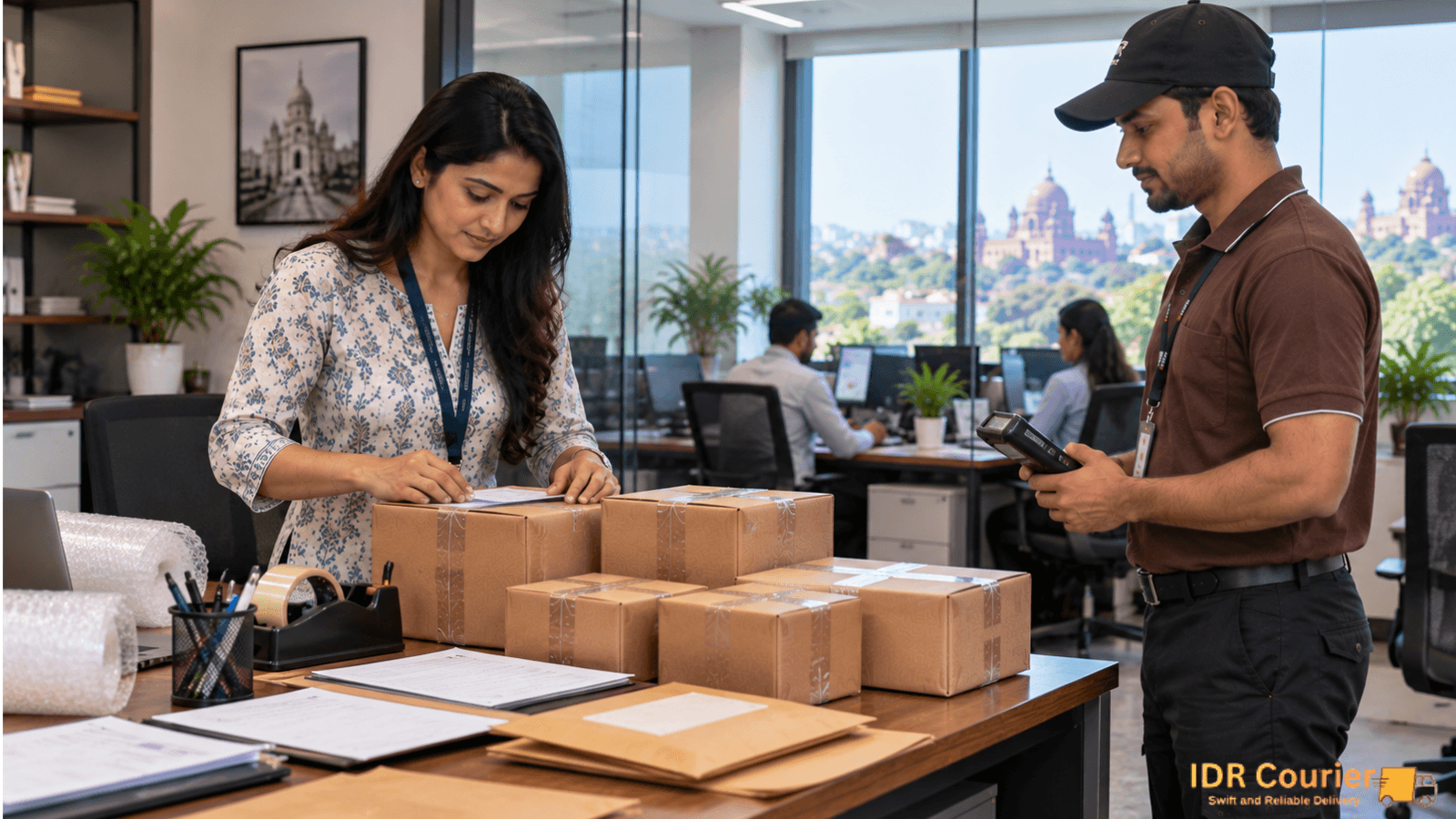 Courier executive collecting a parcel for pickup from a home in Bhopal