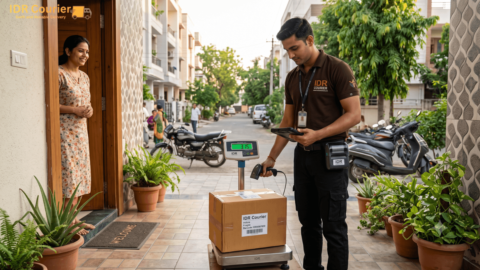 Courier executive verifying and weighing a package during pickup in Indore