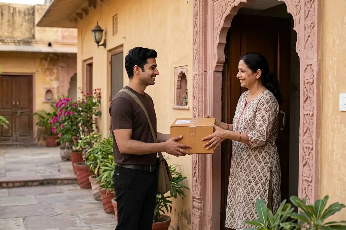 Courier executive collecting a properly packed parcel from a customer in Jaipur
