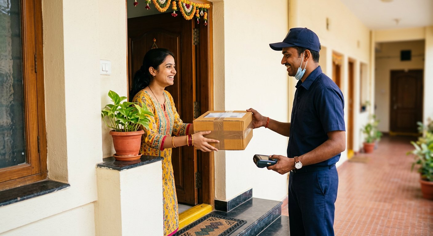 Receiver accepting a delivered sealed carton at the destination doorstep