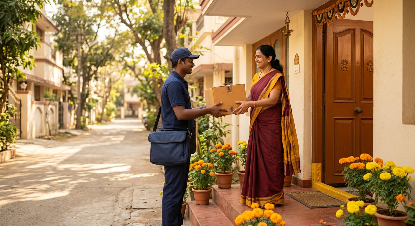 Courier executive collecting a sealed box at a home doorstep in Pune