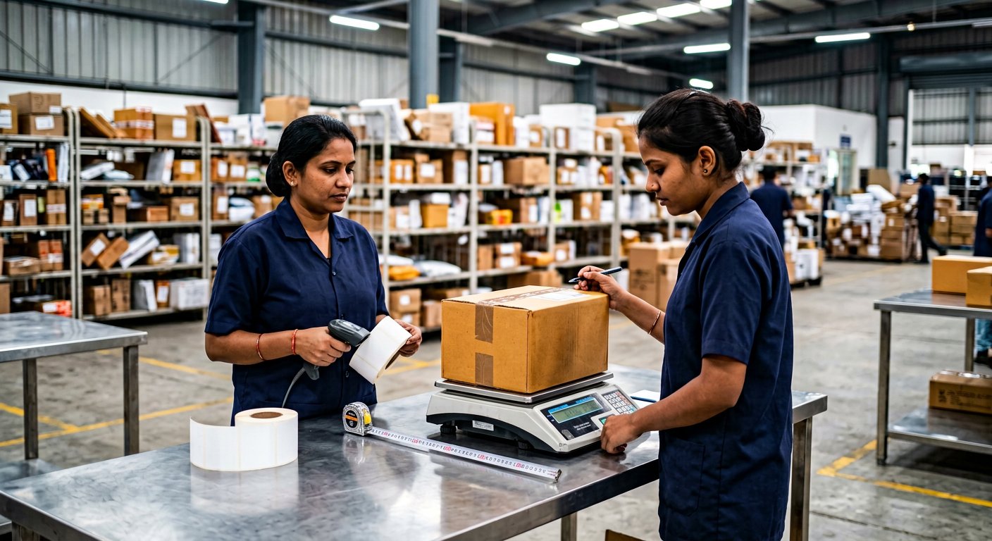 Sealed carton being weighed and measured at a courier hub desk