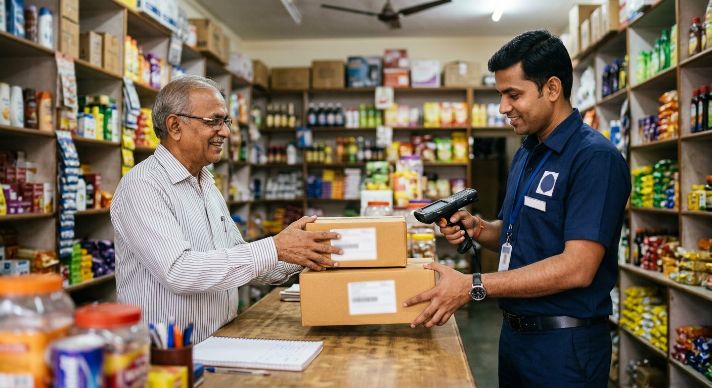 Courier executive collecting labeled boxes at a shop counter in Pune