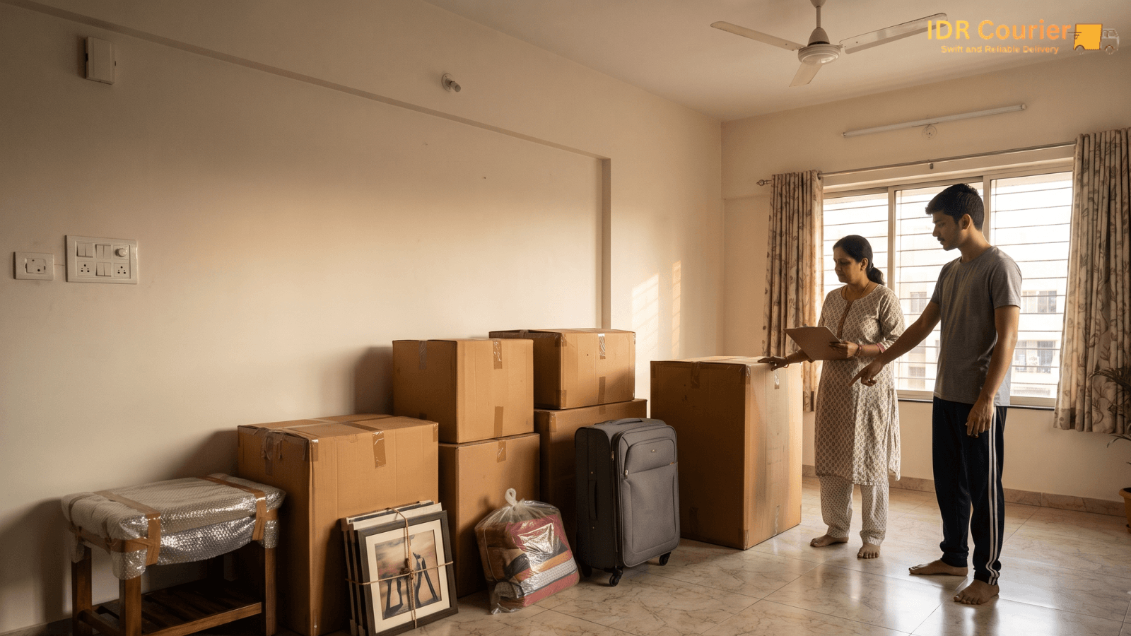 Courier executive collecting a sealed shipment from a home in Ratlam