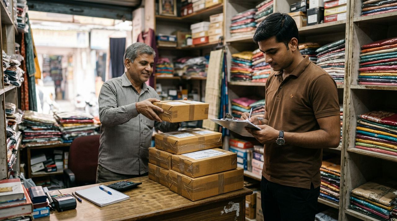 Pickup executive noting details while a shopkeeper stacks sealed parcels on the counter for collection