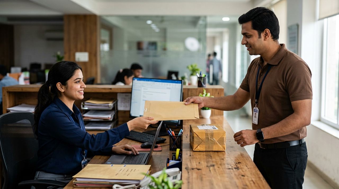 Office employee handing a sealed document envelope and small parcel to a courier pickup executive at a reception desk