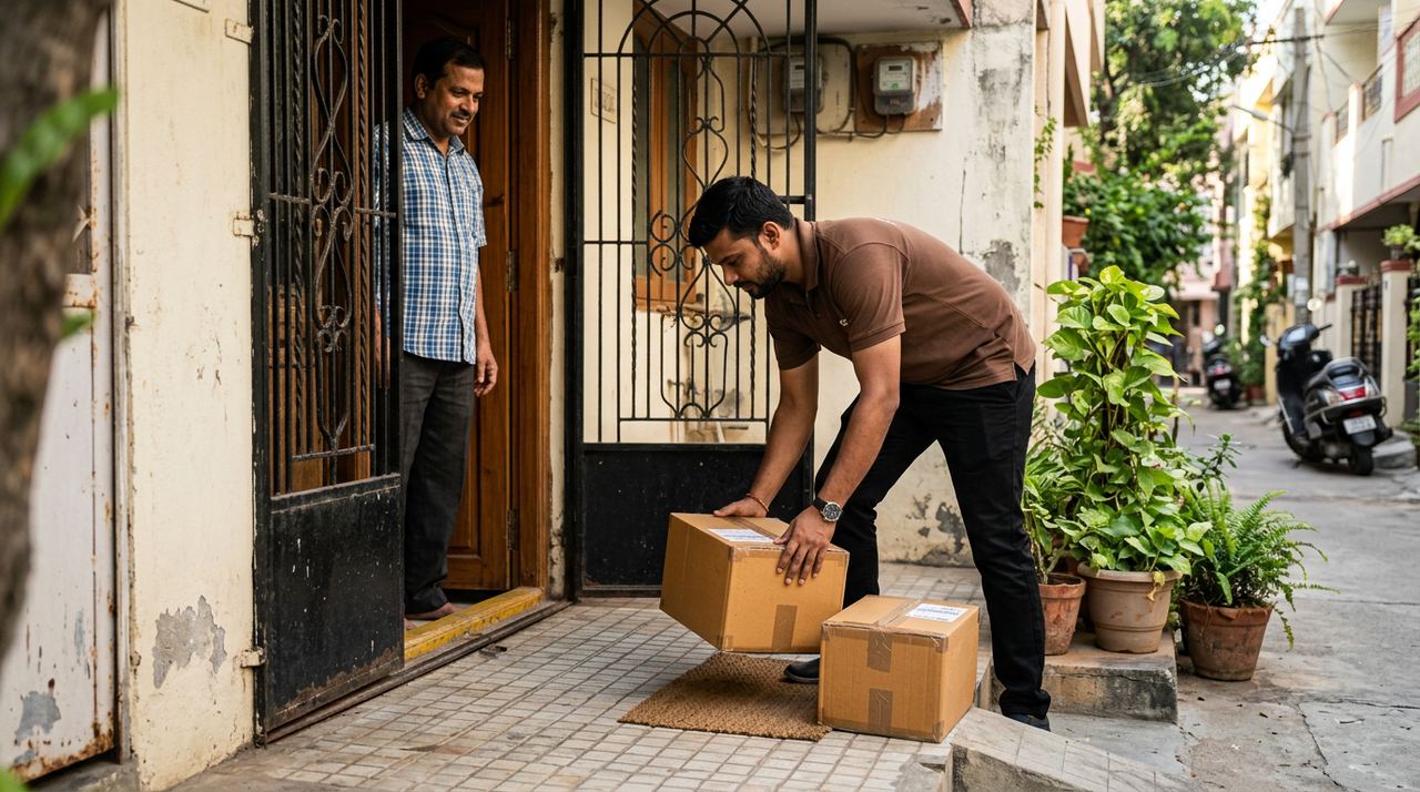 Pickup executive lifting sealed cardboard cartons from the doorstep of a home for courier collection