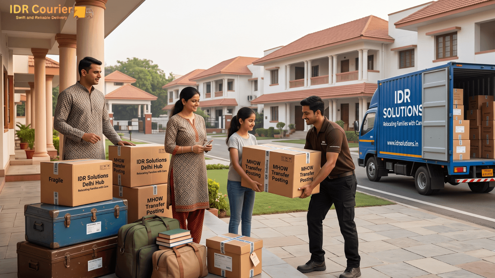 Courier executive scanning barcodes and loading sealed cartons outside a Delhi Cantt army residential colony at dusk
