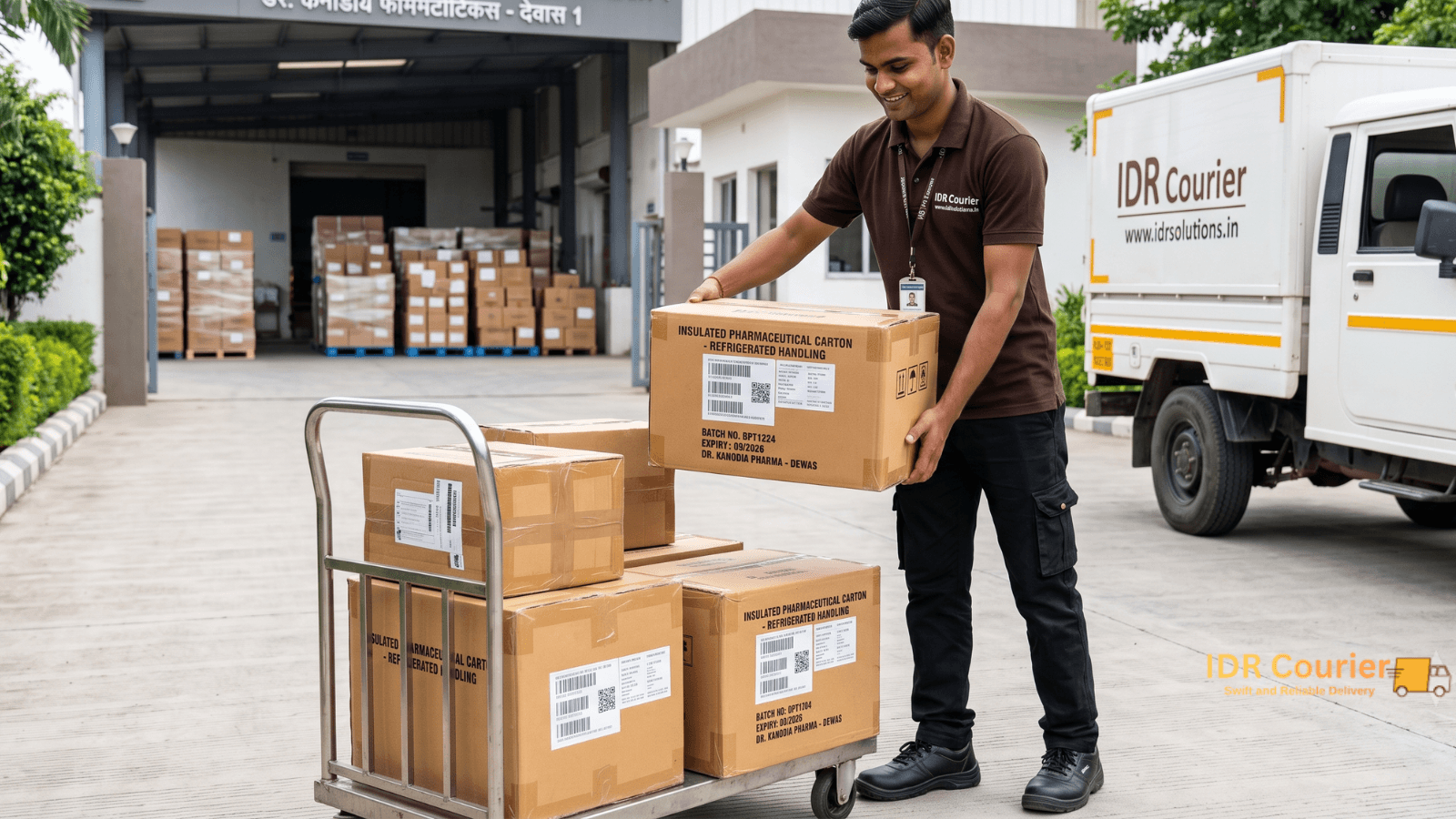 Pharma company courier pickup with protective packaging in Dewas