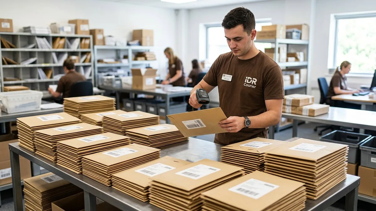 Sealed document envelopes being scanned and sorted at an IDR processing desk